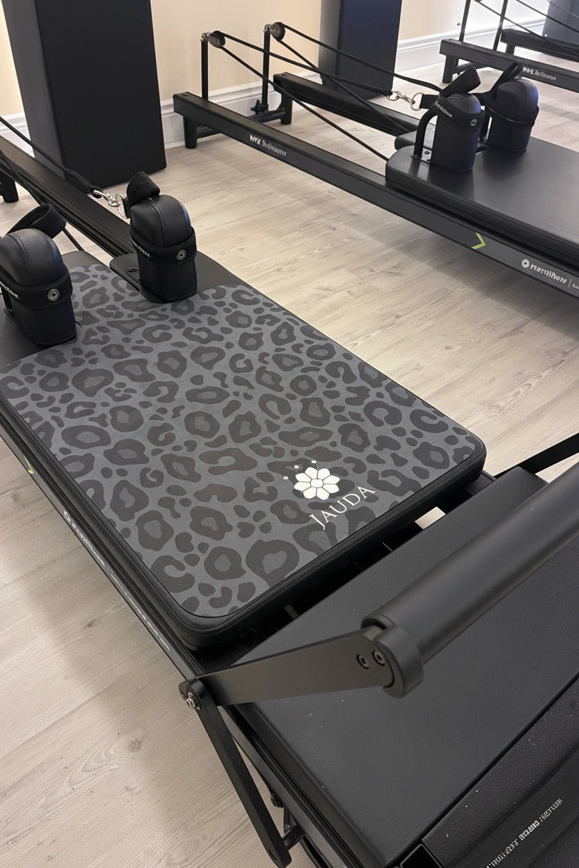 Leopard Print Reformer Pilates Mat on black reformer in studio with white background